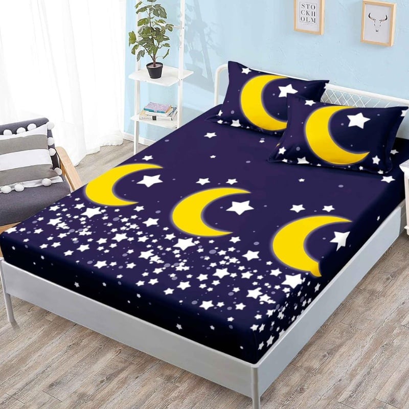 Cearsaf cu elastic si 2 Fete de Perna, Yellow Moon 160x200 cm (Finet)