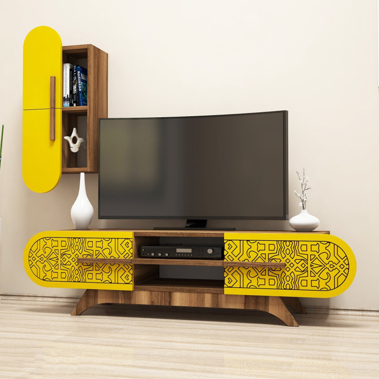 Comoda TV Defne - Walnut, Yellow