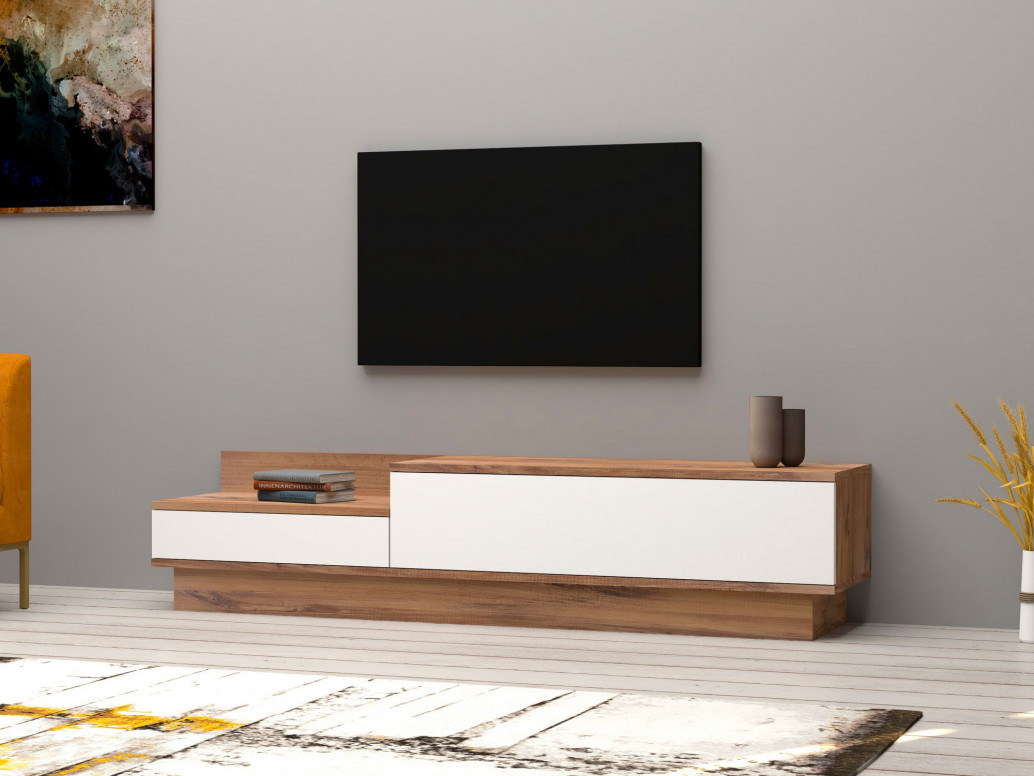 Comoda TV Salvador, Model Barko, 160x35x35 cm, Alb/Nuc