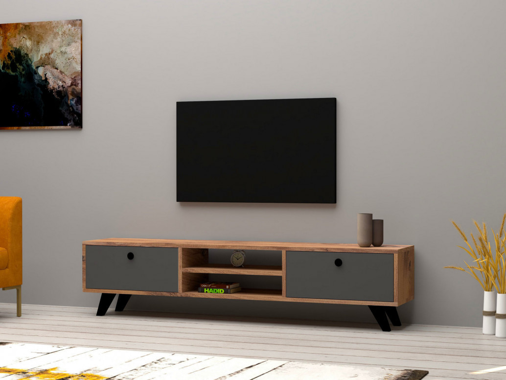 Comoda TV Salvador, Model Tumuki, 160x37x29.6 cm, Natural/Gri