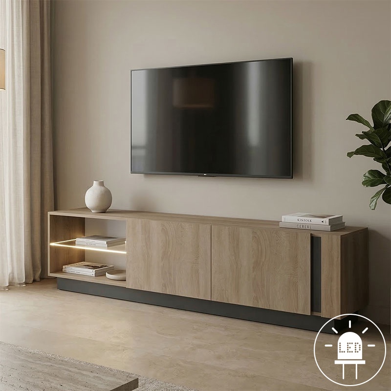 Comoda TV Vario, cu iluminare LED, Sonoma/Antracit, 185,6 x 35 x 45 cm