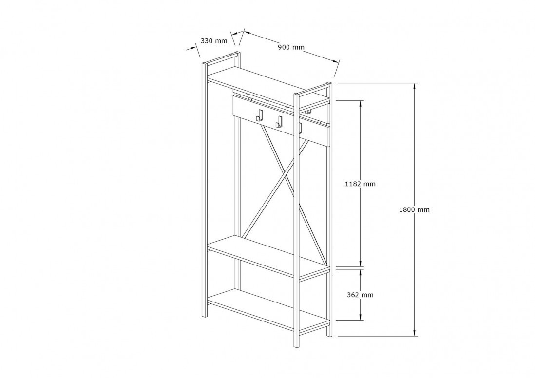 Cuier haine cu rafturi Model Alfa, Stejar, 90x34x180 cm