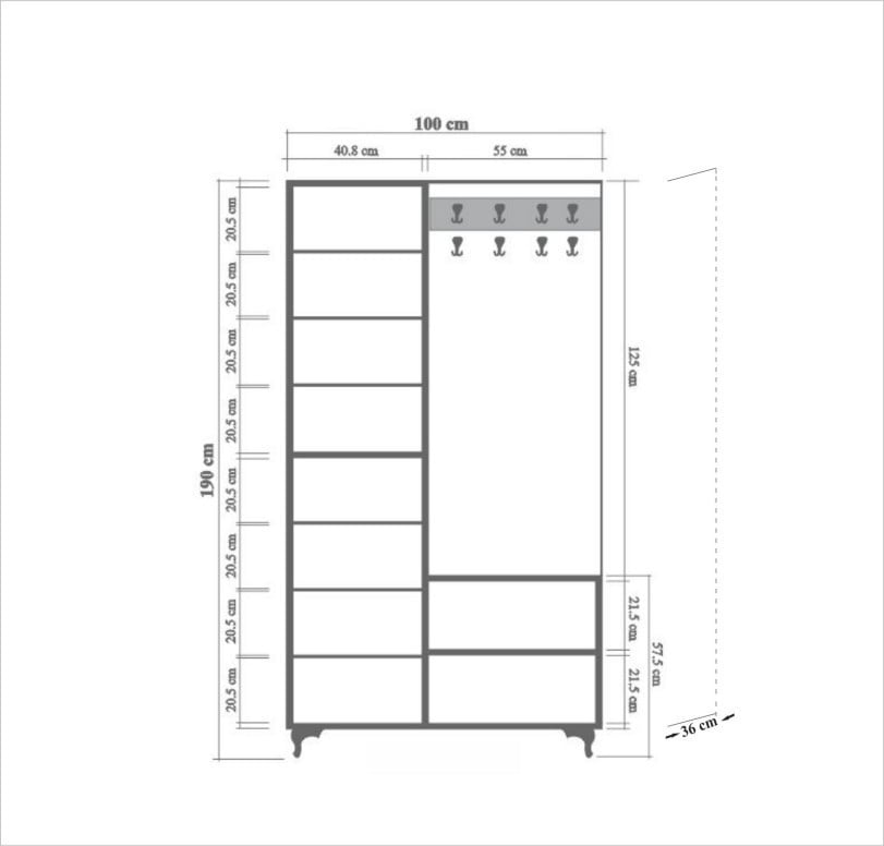 Cuier hol cu dulap Model Atkins, Alb/Pin/Multicolor, 100x36x190 cm