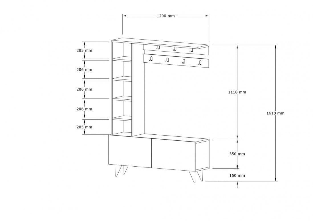 Cuier hol cu dulap si rafturi Model Hale, Nuc, 120x32x161.8 cm