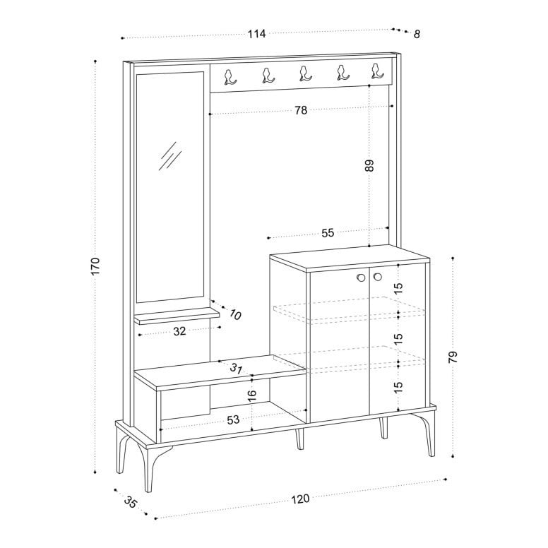 Dulap pentru hol Model DD8, Stejar, 114x35x170 cm - 4 | YEO