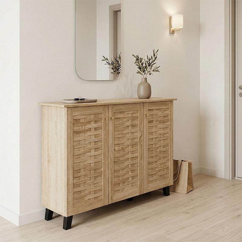 Dulap pentru pantofi Mantam, 3 usi, 6 polite, 16 perechi, Sonoma, 115,5 x 34 x 87 cm
