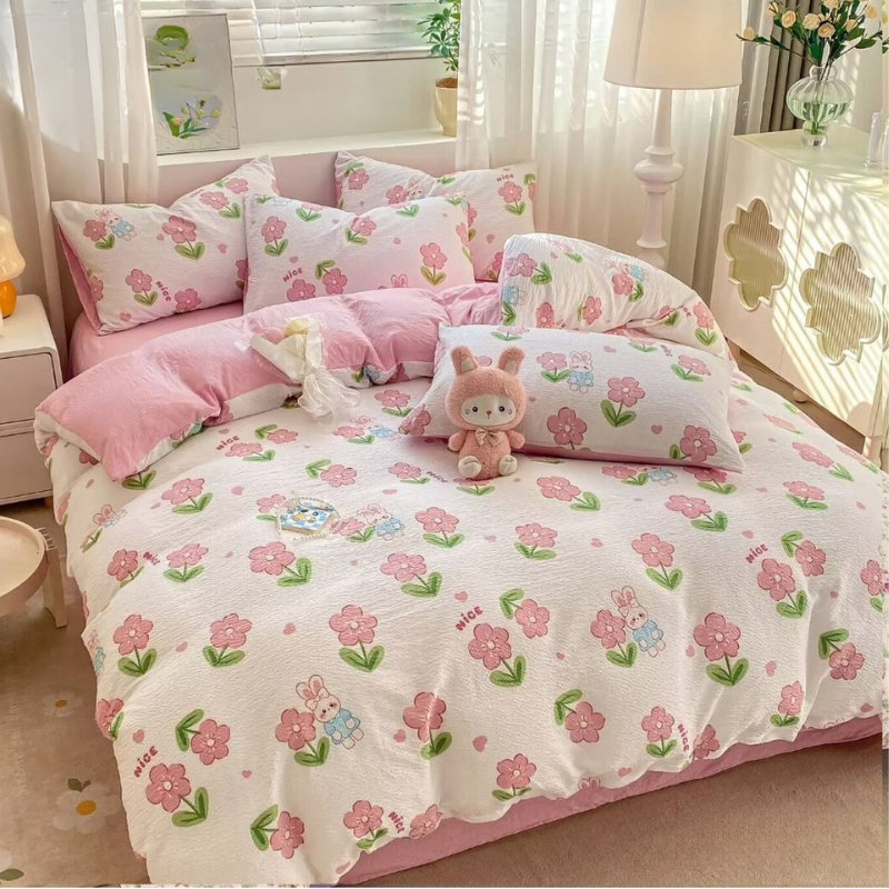 Lenjerie creponata cu elastic 140x200 cm, Pinky Rabbit (Finet)