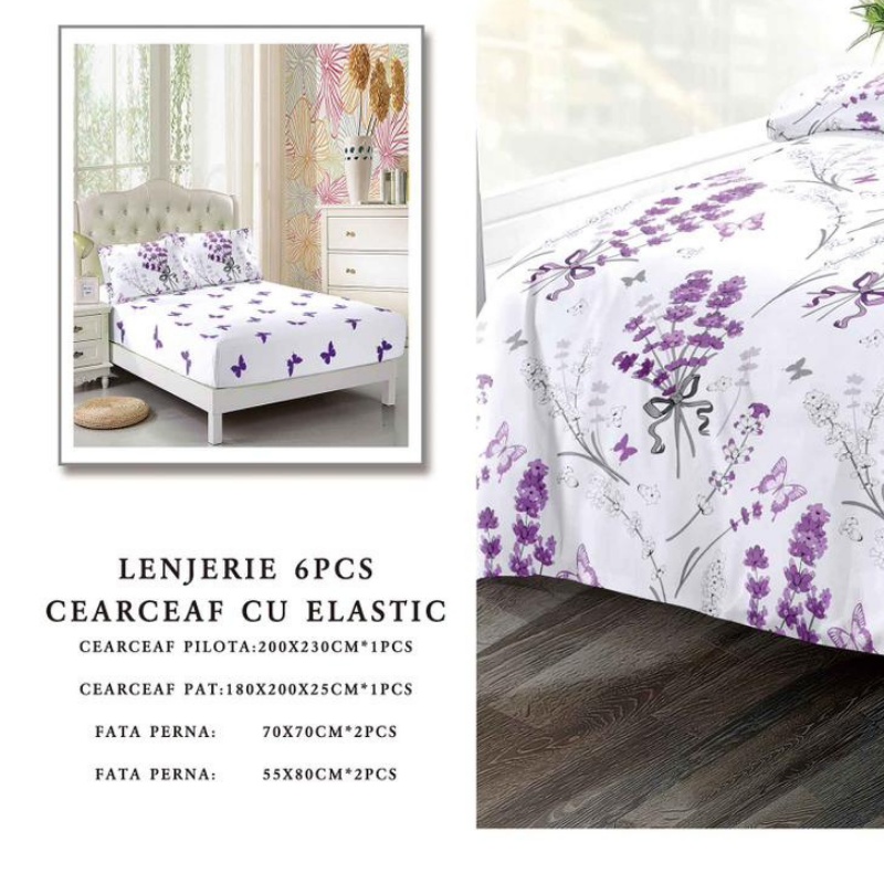 Lenjerie cu Elastic 180x200 cm, Lavanda 6 Piese (Finet) - 1 | YEO