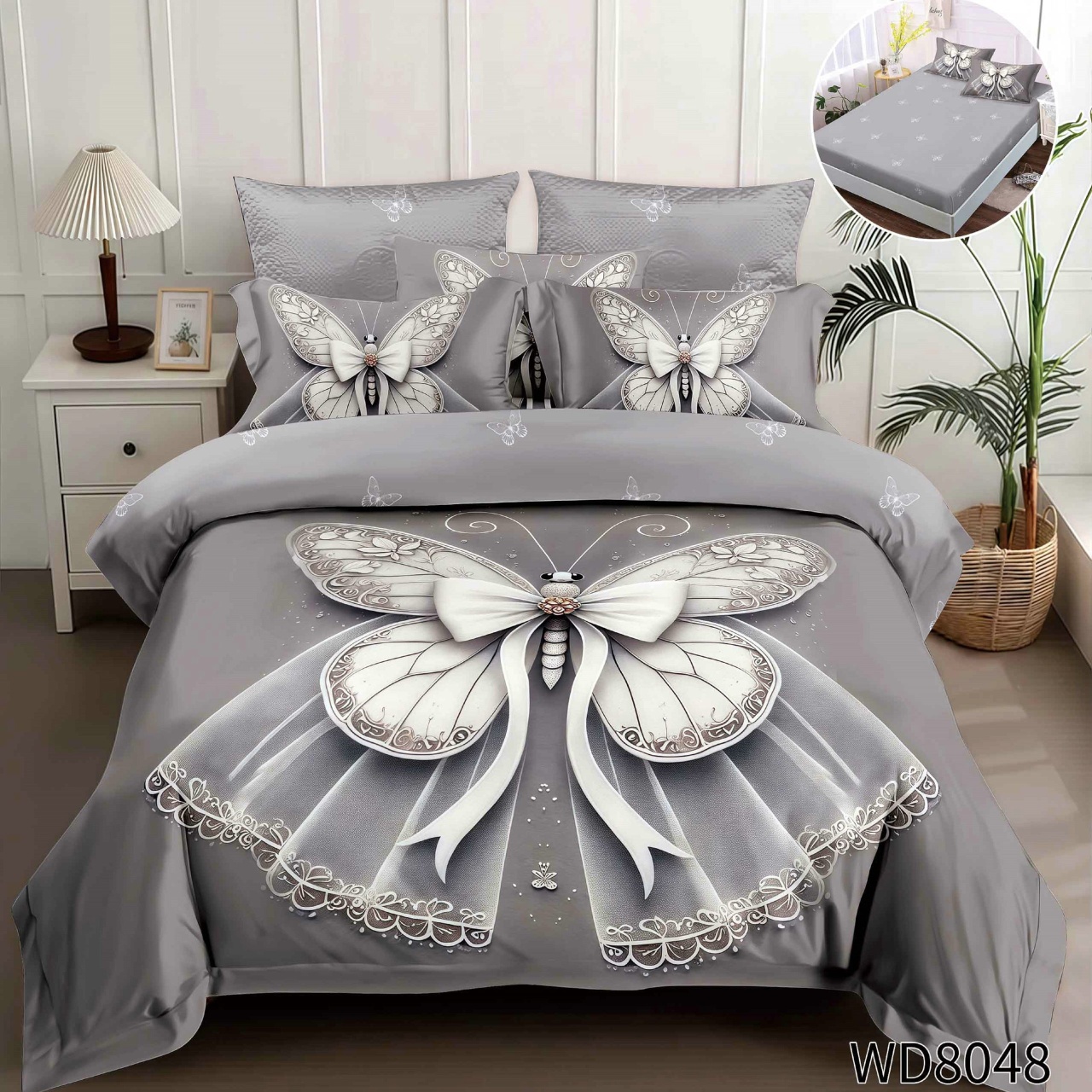 Lenjerie de pat Finet 5D Digital Print cu elastic – 4 piese, Elegant White Butterfly