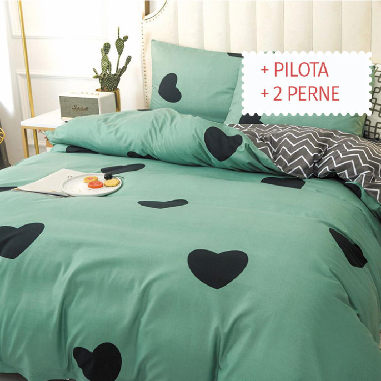 Pachet Lenjerie + Pilota + Perne Green Heart (Bumbac Satinat)