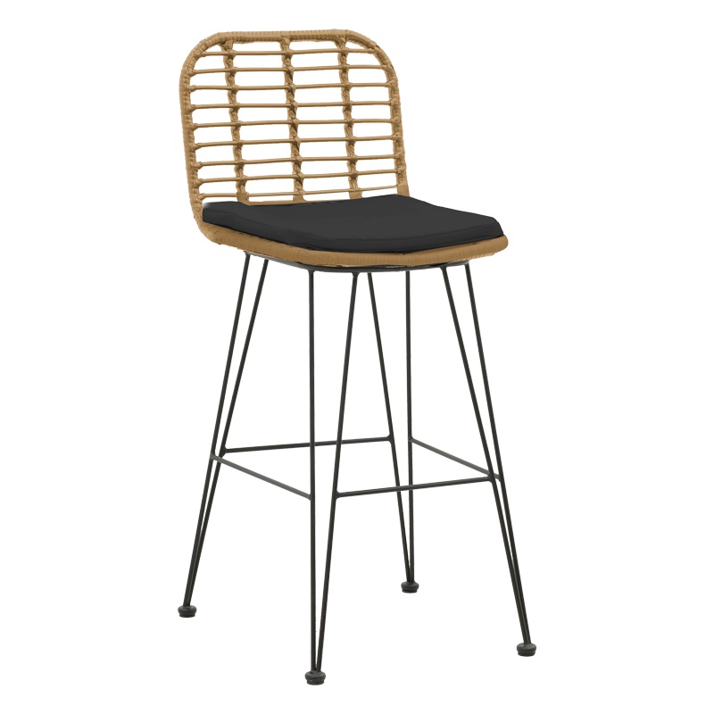 Scaun de bar pentru exterior, Model Naoki, culoare bej si negru, metal si poliratan, 46x56x110 cm - 1 | YEO