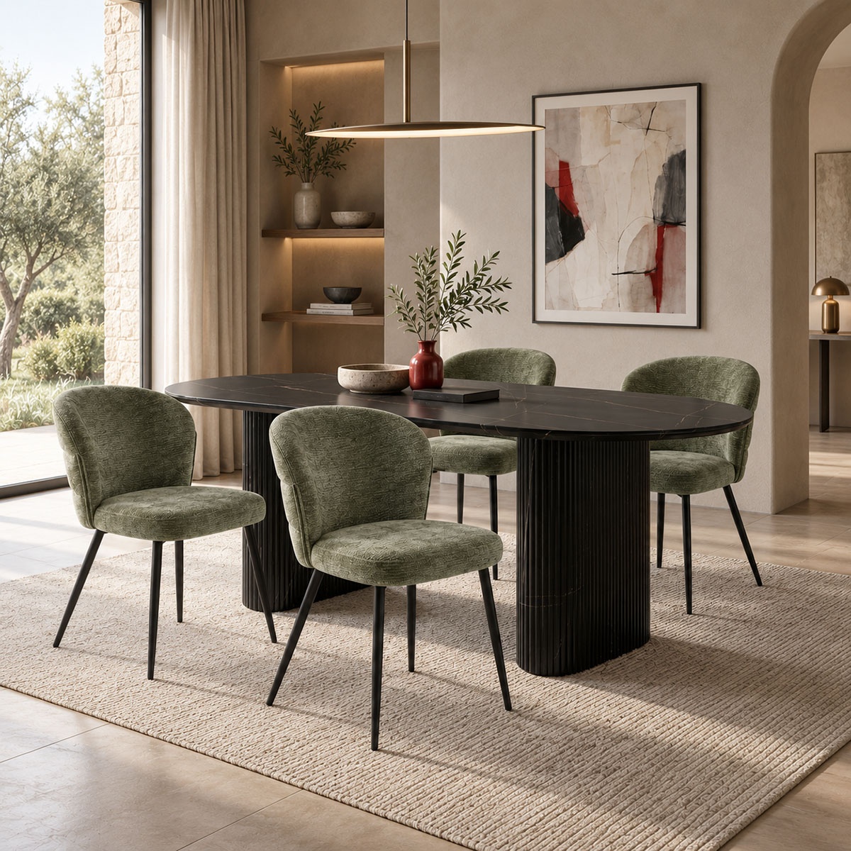 Scaun dining Mercy, tapițat cu material textil, Verde măsliniu/Negru, 57 × 60,5 × 79 cm
