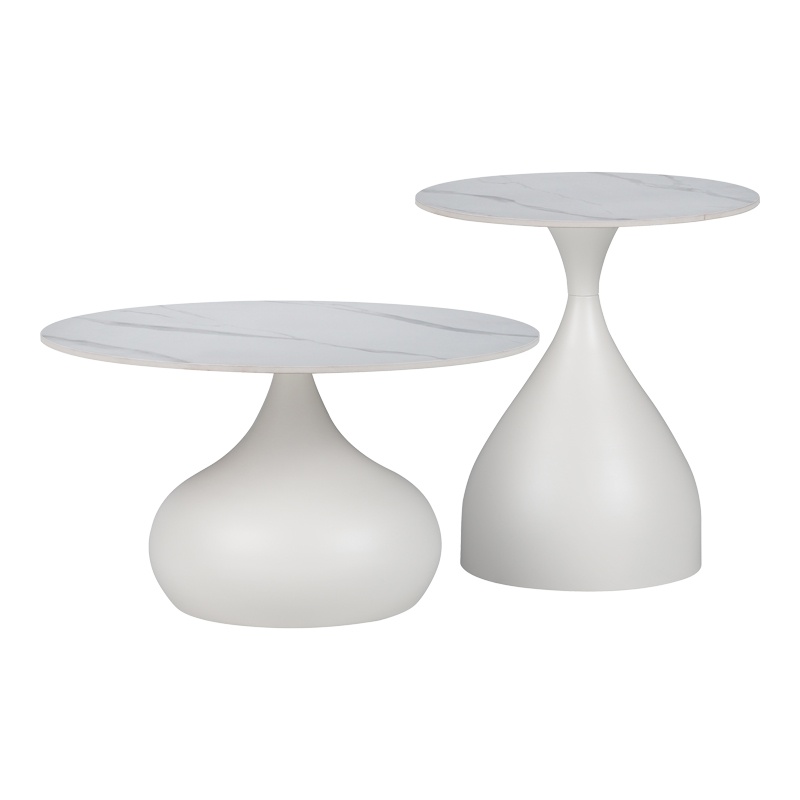 Set 2 Masute de Cafea Model Kirkene, Alb marmorat