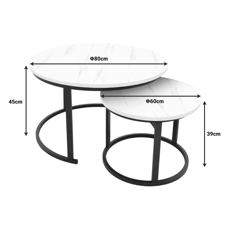 Set 2 Masute de Cafea Model Revelon, Alb marmorat/Negru, 80x80x45 cm