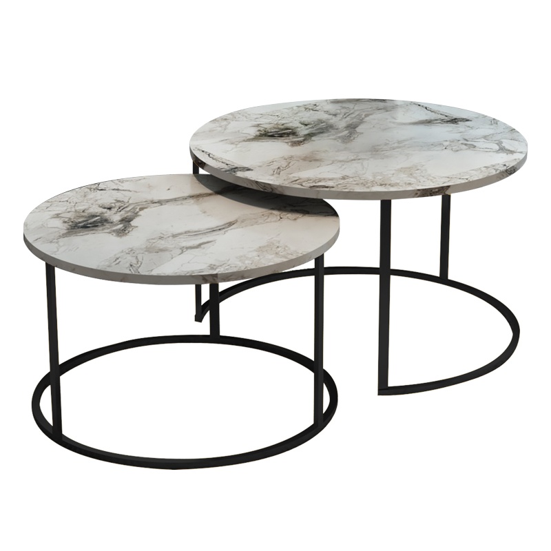 Set 2 Masute de Cafea Model Solme, Alb marmorat/Negru