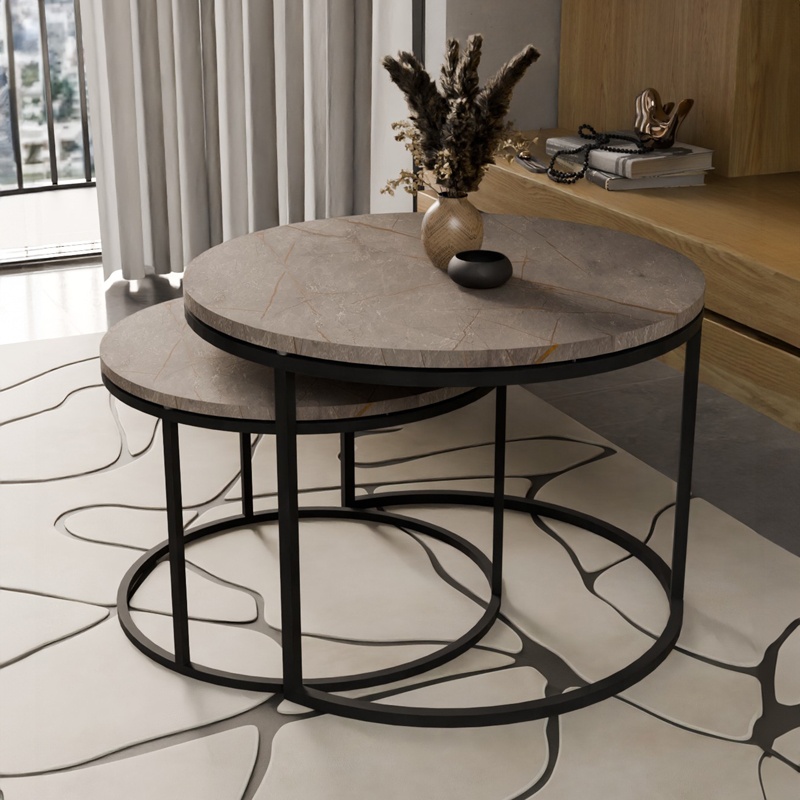 Set 2 Masute de Cafea Model Solme, Gri marmorat/Negru - 1 | YEO