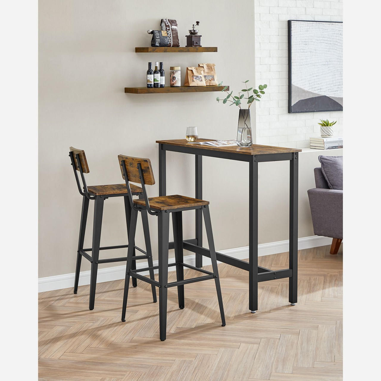 Set 2 scaune de bar Model Ellis, Maro rustic/Negru, 45.4x45.4x102.2 cm - 2 | YEO