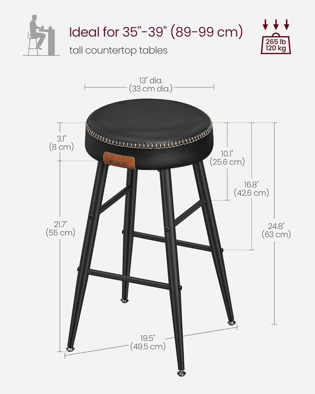 Set 2 scaune de bar Model Emberly, Negru, 49.5x49.5x63 cm