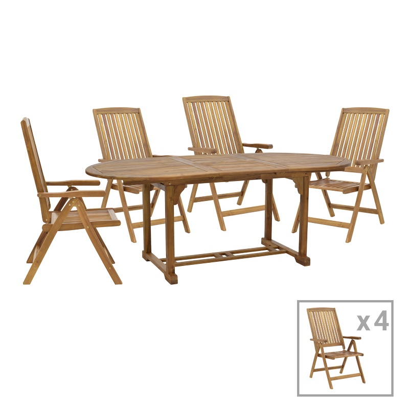 Set masa de gradina si 4 scaune, Model Zerco-Sopho, culoare natural, lemn masiv de salcam, 200/150x100x75 cm