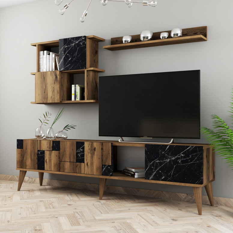 Ansamblu Comoda TV Madrid Walnut-Negru - 2 | YEO