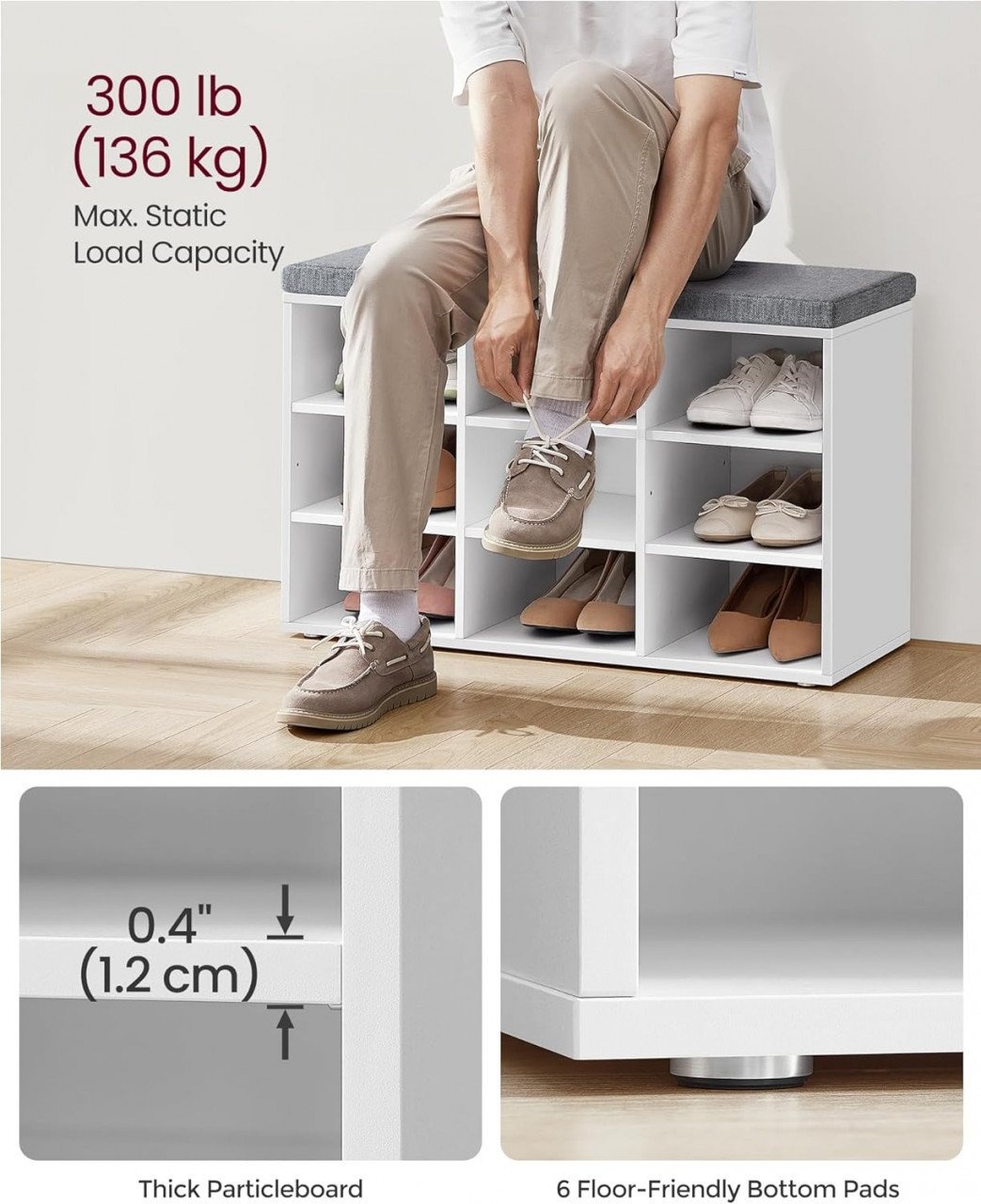 Banca cu suport pantofi Model Marco, Alb / Gri, 78.5x30.3x48 cm - 3 | YEO