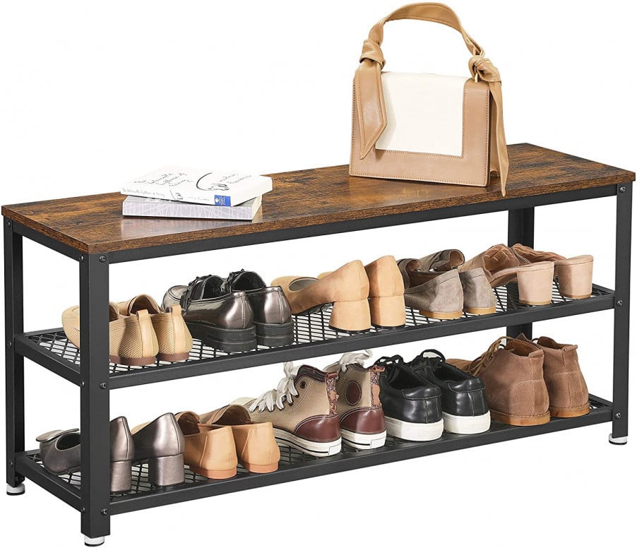 Bancheta cu suport pantofi Model Selene, Maro rustic/Negru, 100x30x45 cm