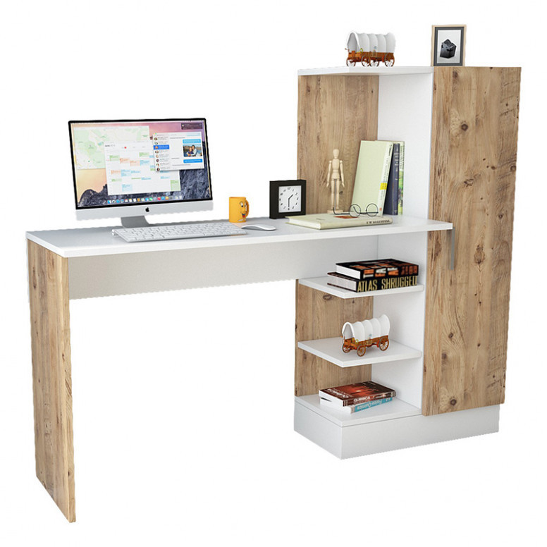 Birou cu Biblioteca Pako World, model Kary, 152.5x120x40 cm, Stejar/Alb