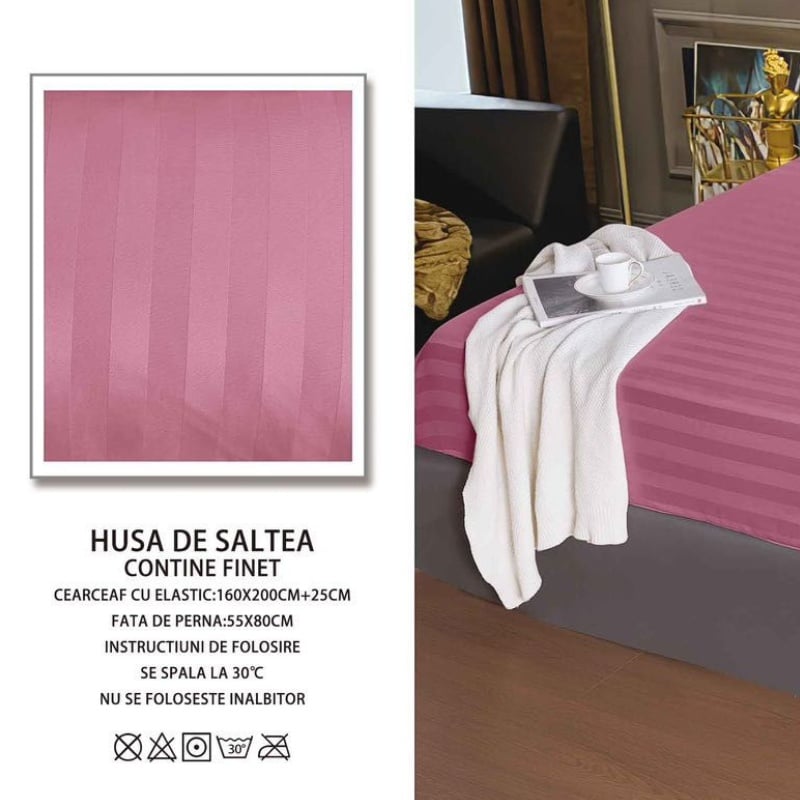 Cearsaf cu elastic 160x200 cm si 2 Fete de Perna Damasc, Atlas V3 Dry Rose (Finet)