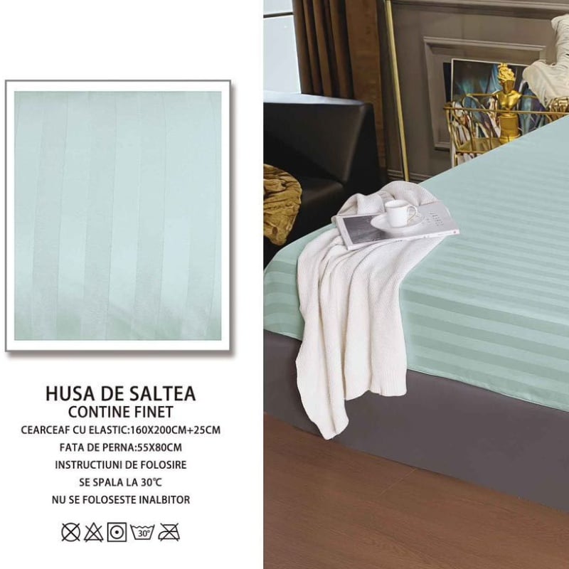 Cearsaf cu elastic 160x200 cm si 2 Fete de Perna Damasc, Atlas V8 Arctic Blue (Finet)