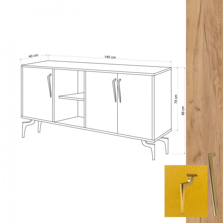 Comoda Model Suder, Stejar/Galben, 140x40x86 cm - 4 | YEO