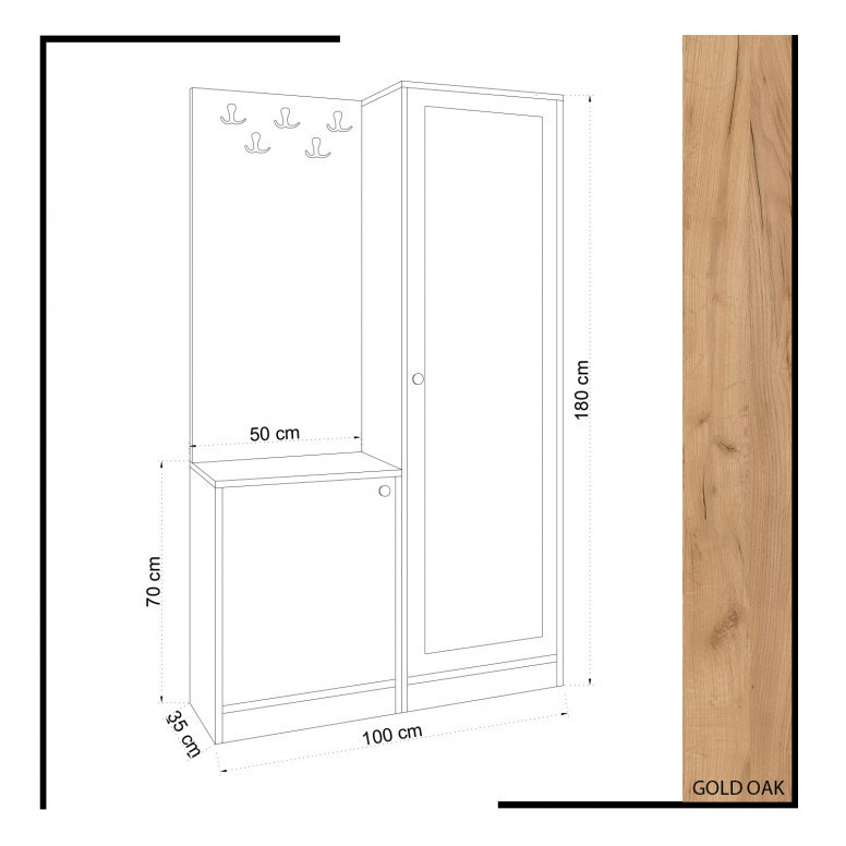 Cuier hol cu dulap Model Broc, Stejar/Alb, 100x35x180 cm - 3 | YEO