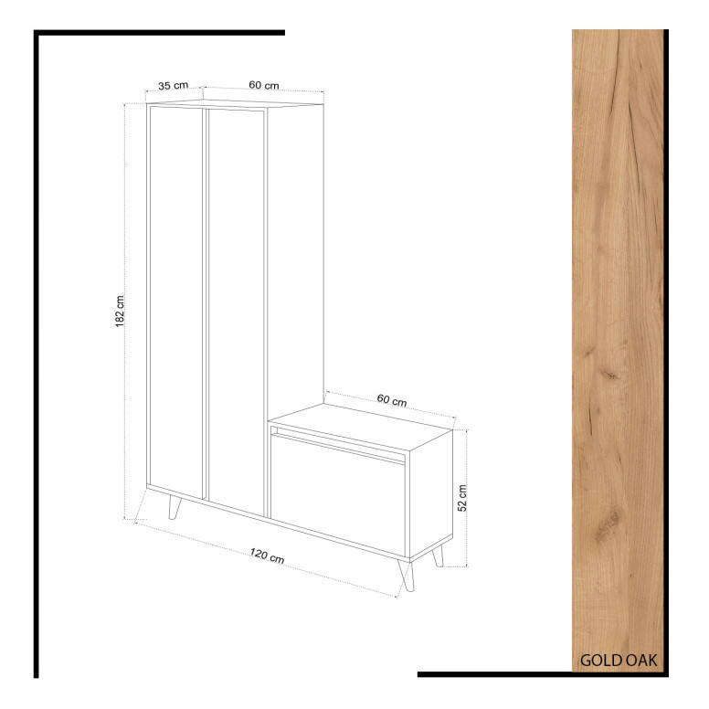 Cuier hol cu dulap Model Marshall, Galben/Stejar, 120x35x182 cm