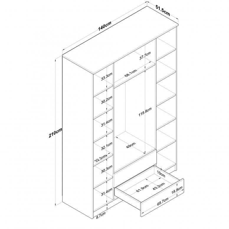 Dulap haine Model BA112, Stejar/Alb, 140x51.5x210 cm