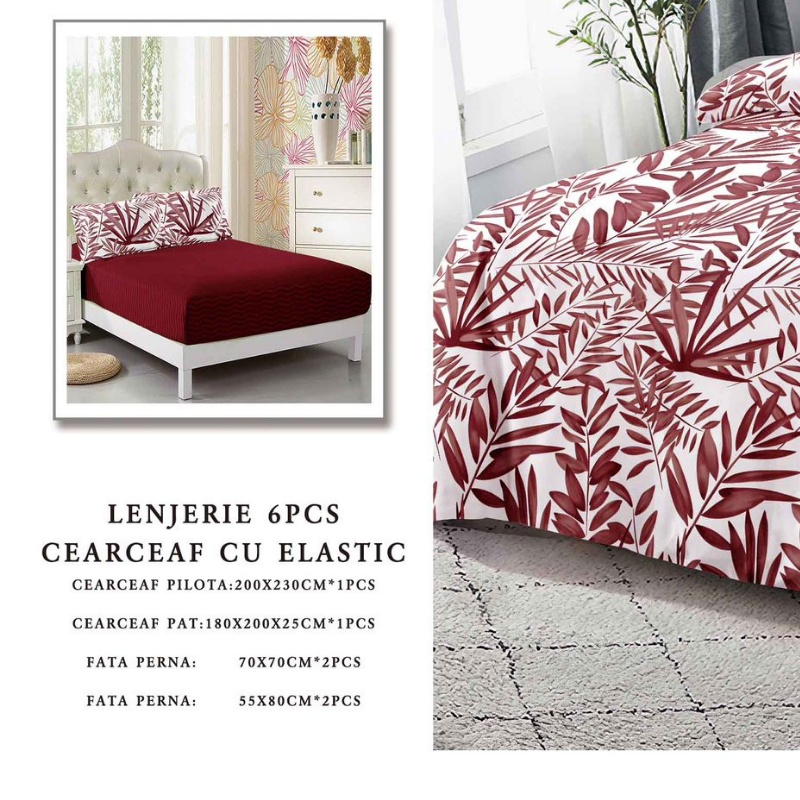 Lenjerie cu Elastic 180x200 cm, Burgundy Leaf 6 Piese (Finet) - 1 | YEO