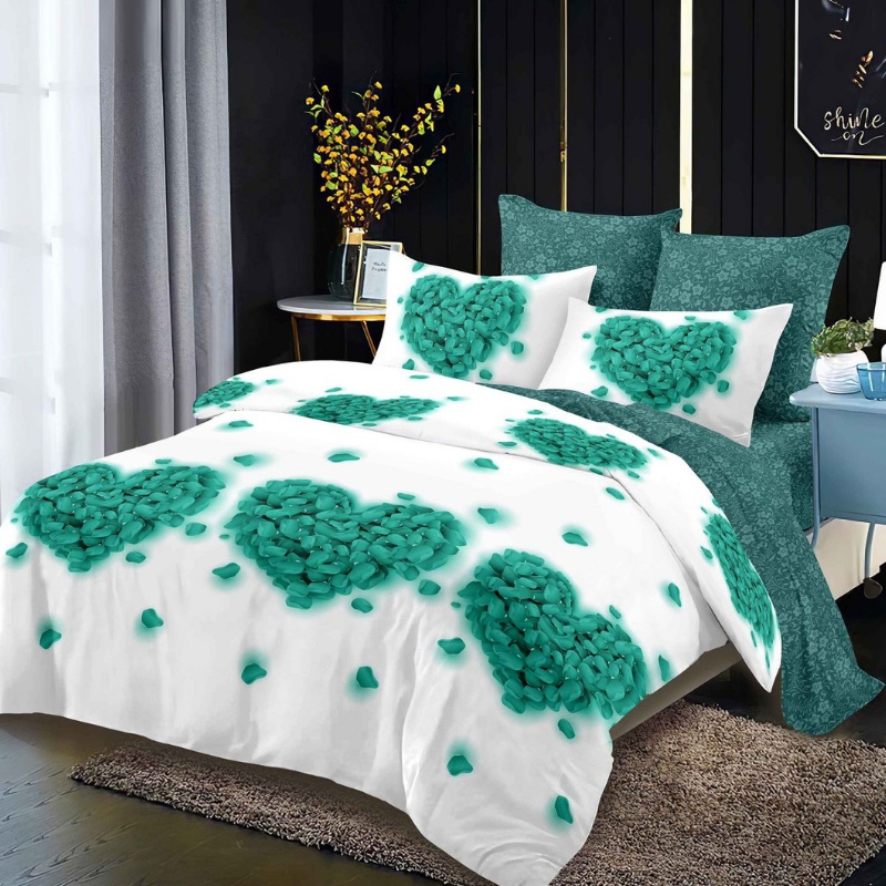 Lenjerie cu Elastic 180x200 cm, Flower Heart Verde 6 Piese (Finet)