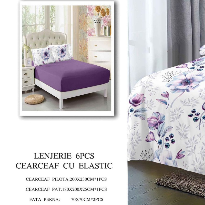 Lenjerie cu Elastic 180x200 cm, Purple Rose 6 Piese (Finet) - 1 | YEO