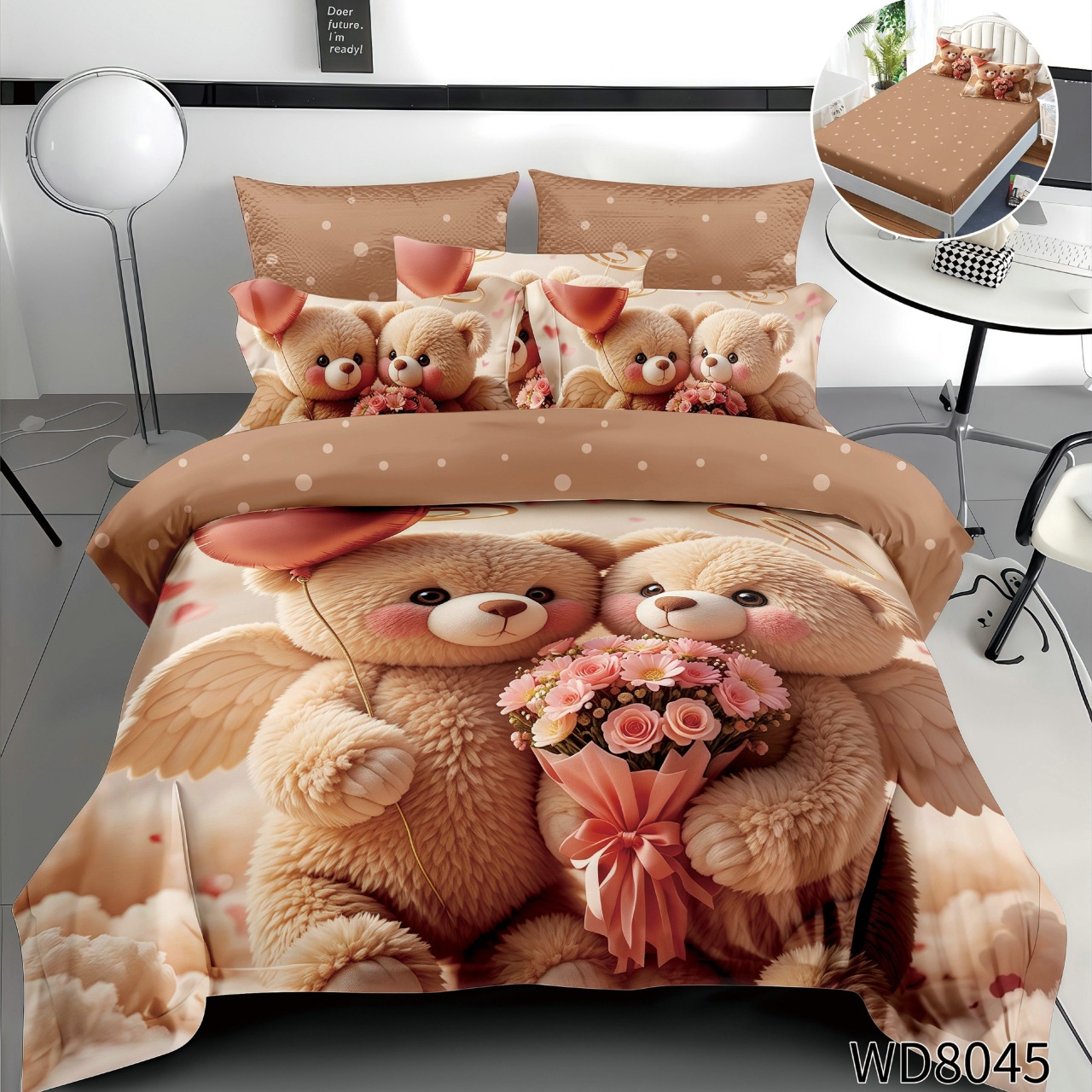 Lenjerie de pat Finet 5D Digital Print cu elastic – 4 piese, Angel Teddy Love