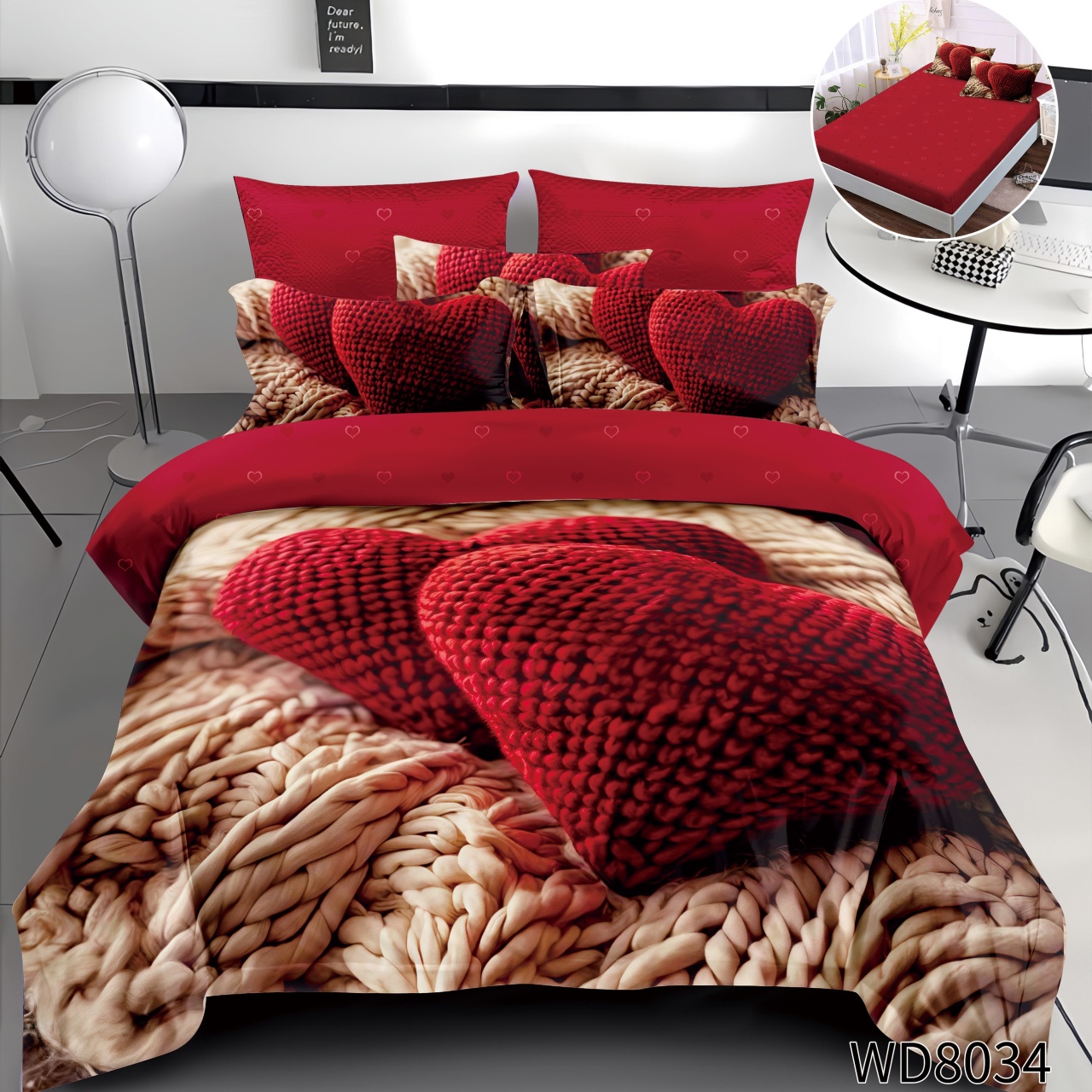 Lenjerie de pat Finet 5D Digital Print cu elastic – 4 piese, Knitted Heart Love