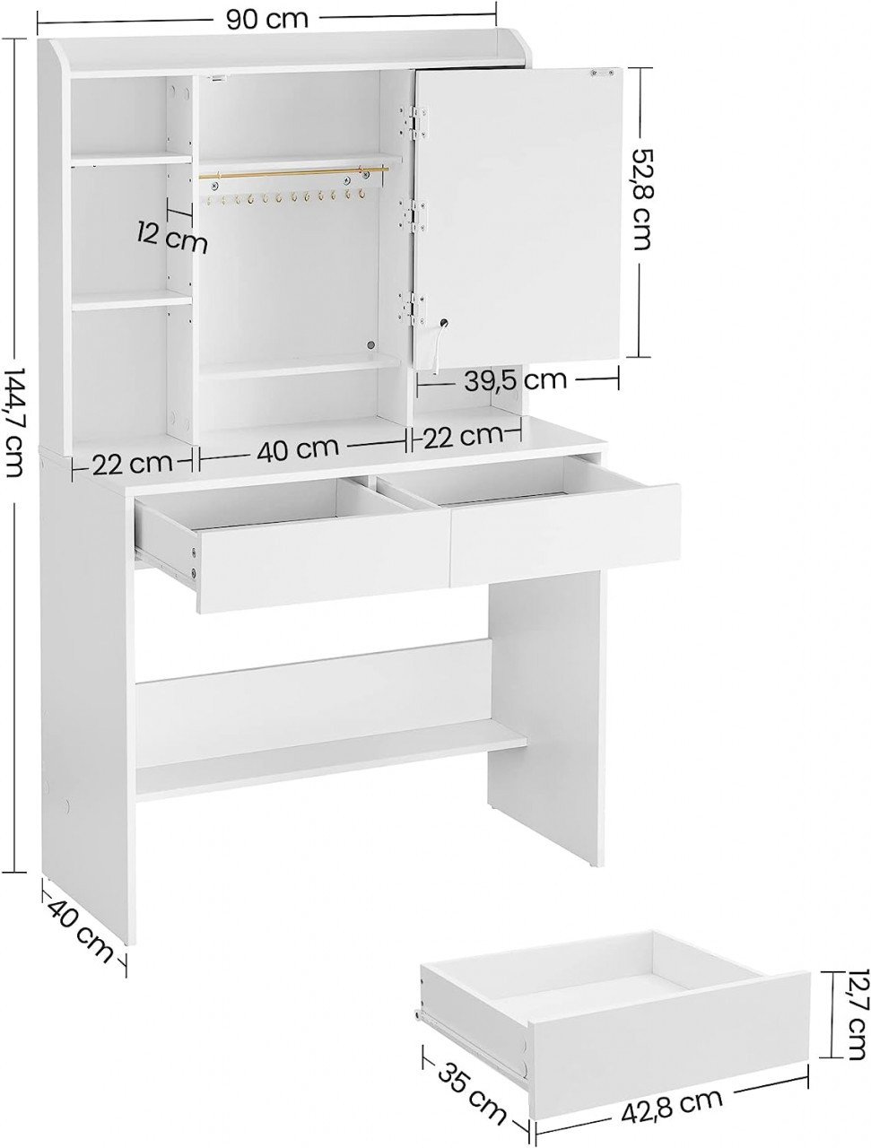 Masa de Toaleta Model Vincenzo, Alb, 90x40x144.7 cm