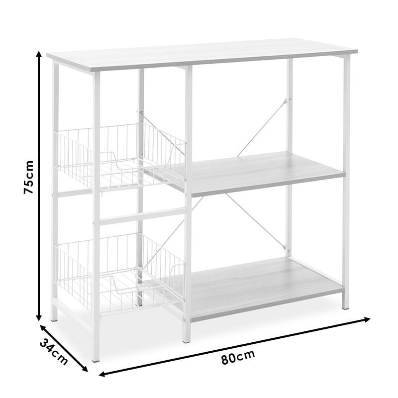 Raft pentru bucatarie cu polițe si cosuri Model Kenia, Artar/Alb, 80x34x75 cm