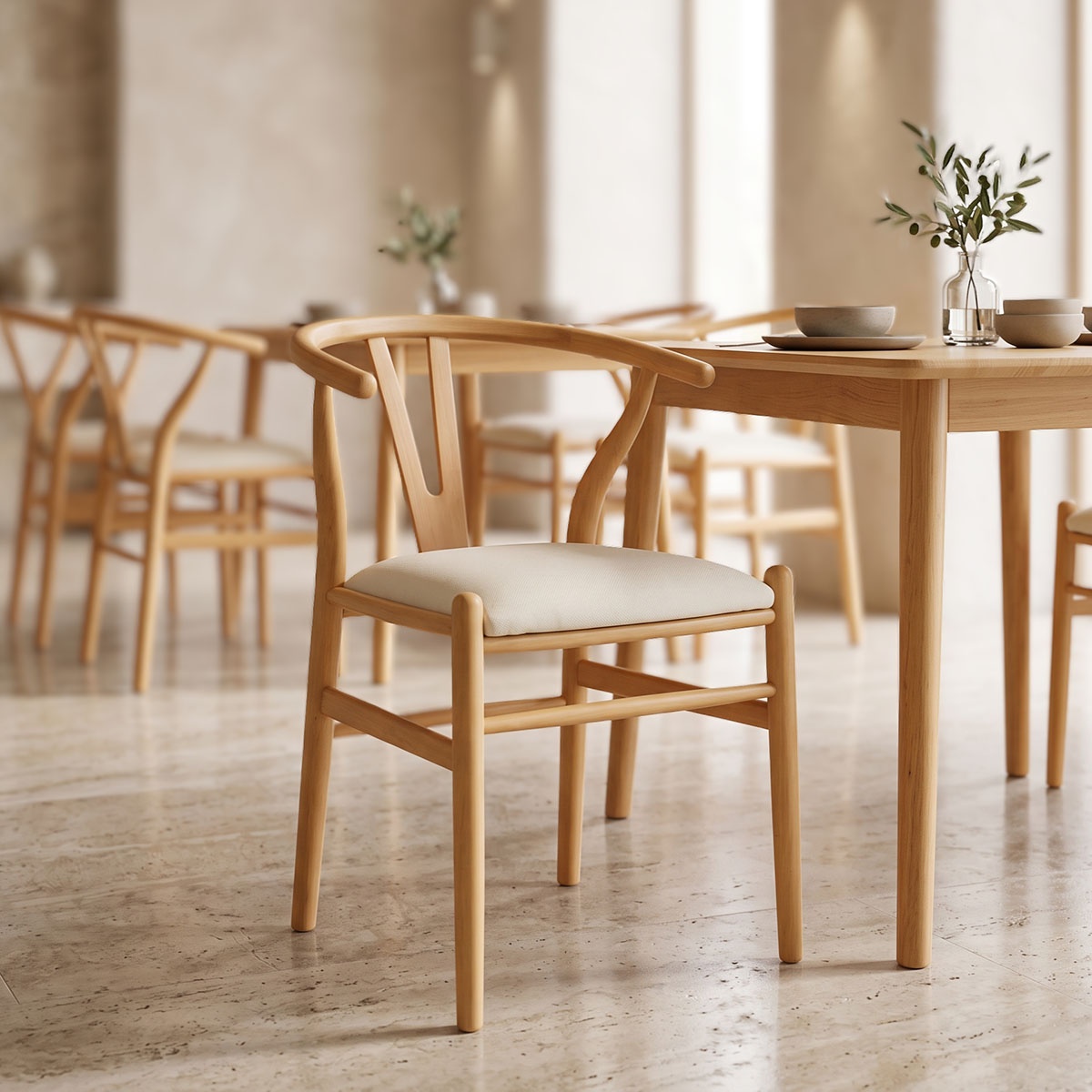 Scaun dining Wishbone, tapițat cu material textil, Natur/Bej, 51 × 58 × 73 cm