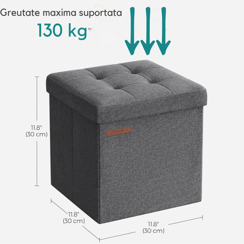 Set 2 Taburete tip Otoman, cu spatiu de depozitare, 30x30x30 cm, Gri - 2 | YEO