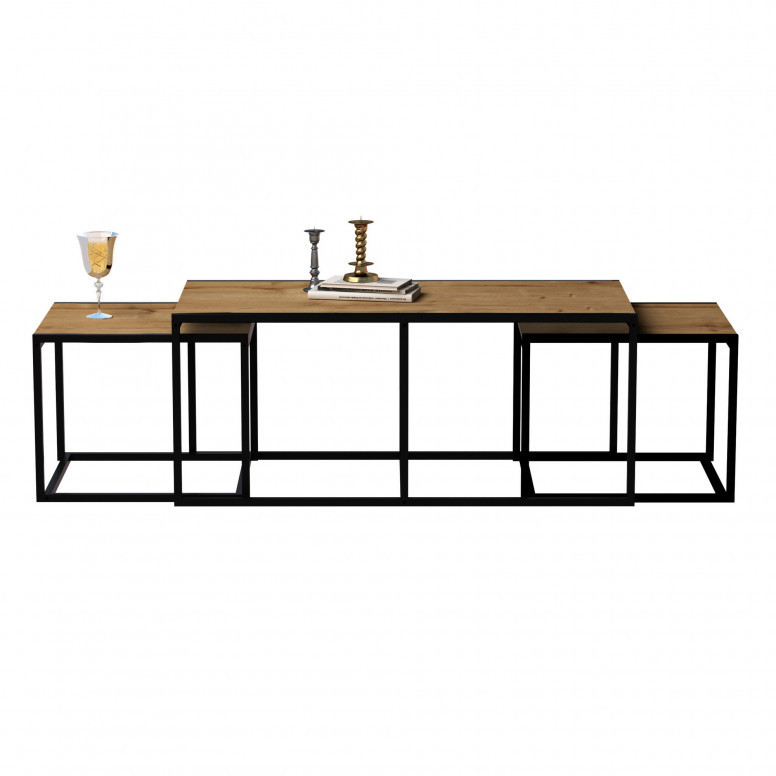 Set 3 Masute de Cafea Model Banks, 120x60x50/60x60x45 cm, Stejar/Negru - 2 | YEO