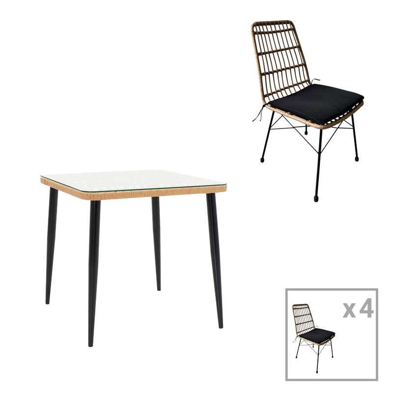 Set Masa si Scaune de Exterior, 5 Piese, Model Naoki, Natural/Negru, 80x80x78 cm