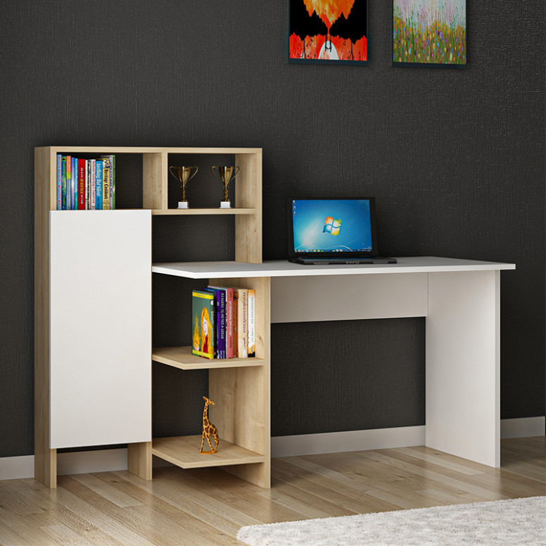 Birou cu Biblioteca Pako World, model Slate, 120x112x60 cm, Alb/Stejar - 1 | YEO