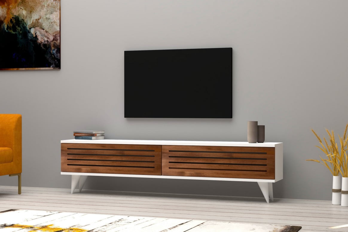 Comoda TV Salvador, Model Hill, 160x40x25 cm, Nuc/Alb