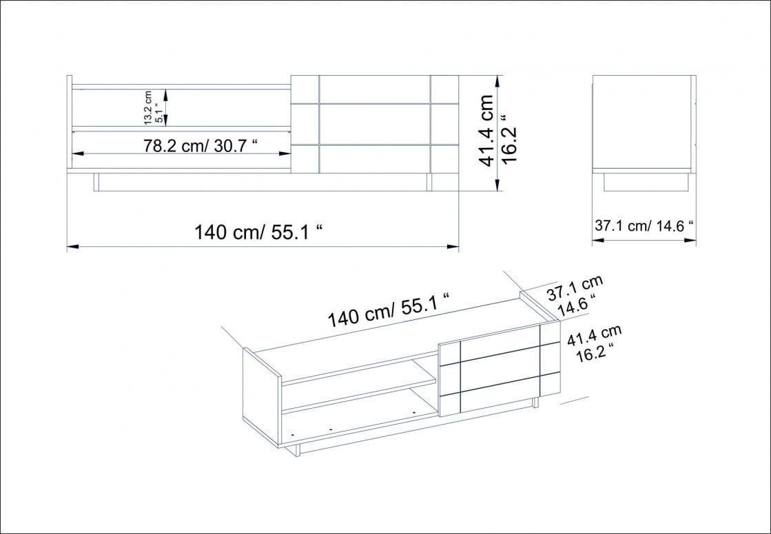 Comoda TV Salvador, Model Valantina, 140x41.4x37.1 cm, Negru/Negru marmorat