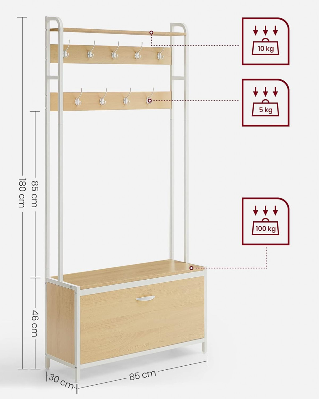 Cuier hol cu dulap Model Webster, Natur/Alb, 85x30x180 cm - 2 | YEO