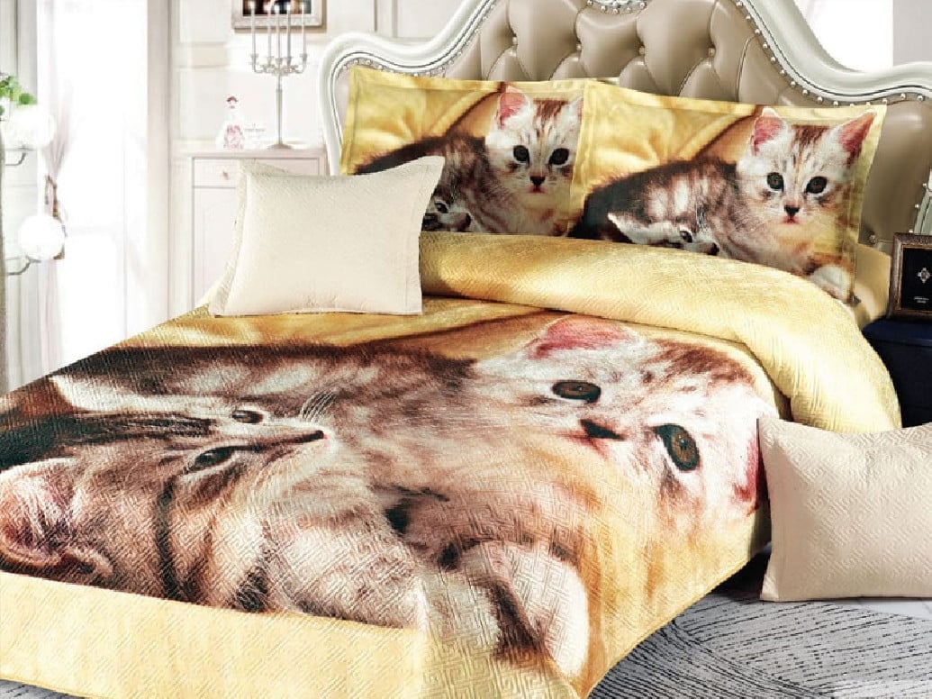 Cuvertura Matlasata 5 Piese Yellow Kitty 230x250 cm (Catifea)