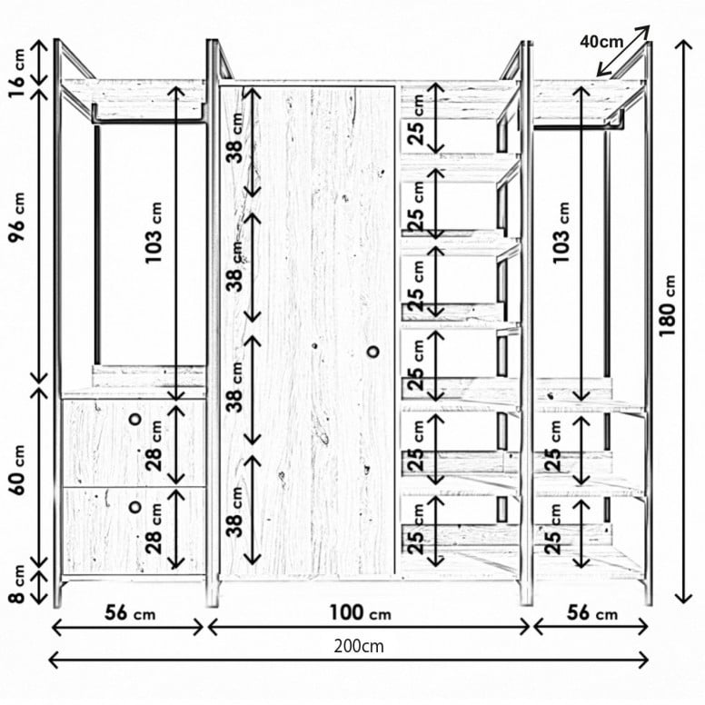 Dulap multifunctional Model Okan, Stejar/Negru, 200x40x1800 cm